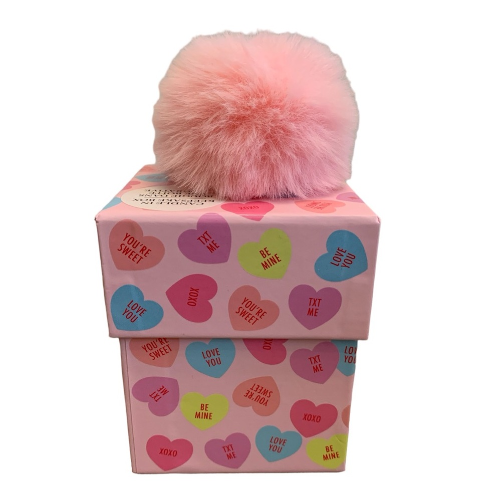 Valentine’s Day gardenia candle in pink box with pom pom top
